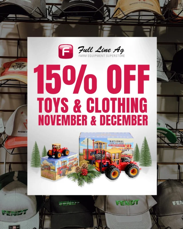 Coming in hot for the holidays- we've got our annual toys and clothing sale! 🧢

Now until December 31st, get 15% off something for the whole family! Hats, jackets, shirts, sweaters, toys, and model replicas- all while supplies last! 🤠😎

Stop in and stock up- Saskatoon, Swift Current, and Perdue! 💪

#fulllineag #toysandclothingsale #sale #holidayshopping #sask #saskag #modeltractors #modelcombines #vintagemodelreplicas #saskatchewan #saskatchewanagriculture #agriculture #equipmentdealer