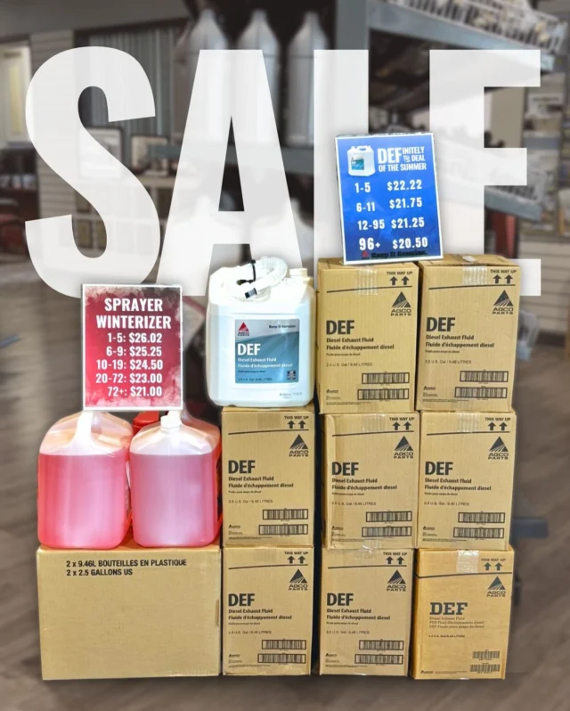Just a reminder, our DEF and Sprayer Winterizer Specials are only on until September 30th! 🛢️🛠️

Stop in today at Saskatoon, Swift Current, and Perdue to pick up yours today! 

#fulllineag #def #partsspecials #harvest #harvestdeals #ag #equipmentmaintenance #agequipment #saskharvest #saskatchewan #saskag