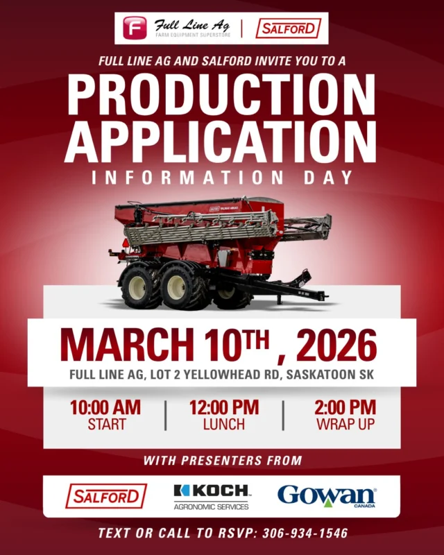 ⭐ YOU'RE INVITED ⭐

Join us March 10th in Saskatoon, or March 11th in Swift Current, for a production application information day!

Connect with fellow producers ✅
Gain insight from Salford, Koch, and Gowan specialists ✅
Enjoy a lunch on us ✅

Text or call to RSVP!
Saskatoon: 306-934-1546
Swift Current: 306-773-7281 

#fulllineag #salford #salfordinfodays #application #modernfarming #ag #saskag #saskatchewanagriculture #agriculture #saskproducers #saskatchewan #prairieag #equipmentdealer #farmequipment #farmerlife #FamilyBusiness #localbusiness