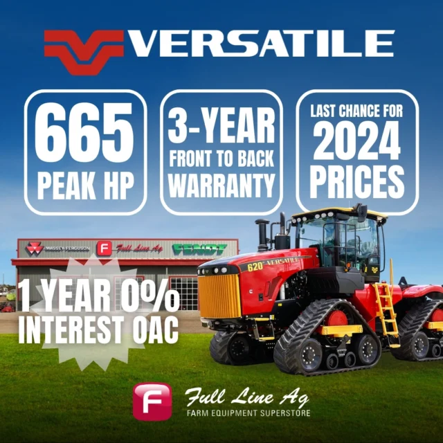 LAST CALL! You know it's time for that tractor upgrade- so why not swing into the 2026 season with our FINAL 2024 Versatile 620 DeltaTrack! 💪

With 665 peak horsepower, a 3-year front-to-back warranty, and 1-year 0% interest OAC, this prime unit is ready to join your team! 😎

Ready to take your test drive? Reach us at:

☎️ Saskatoon (306) 934-1546
☎️Swift Current (306) 773-7281
☎️Perdue (306) 237- 4212

#fulllineag #versatile #versatiletractors #saskequipmentdealers #saskag #agriculture #saskatchewan #sask #AgEquipment #AgDeals #EquipmentDealer